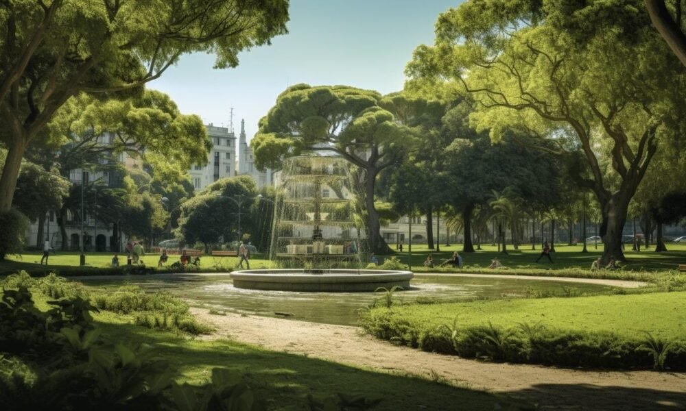 Illustration of green garden in futuristic Lisbon, Portugal