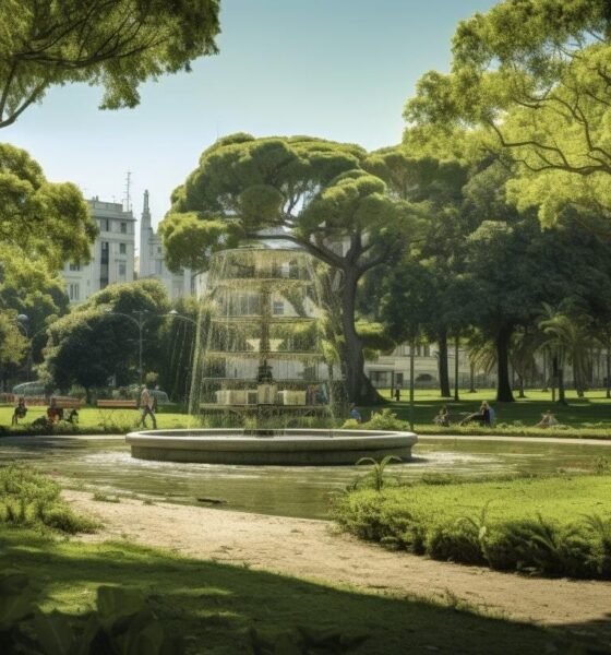 Illustration of green garden in futuristic Lisbon, Portugal