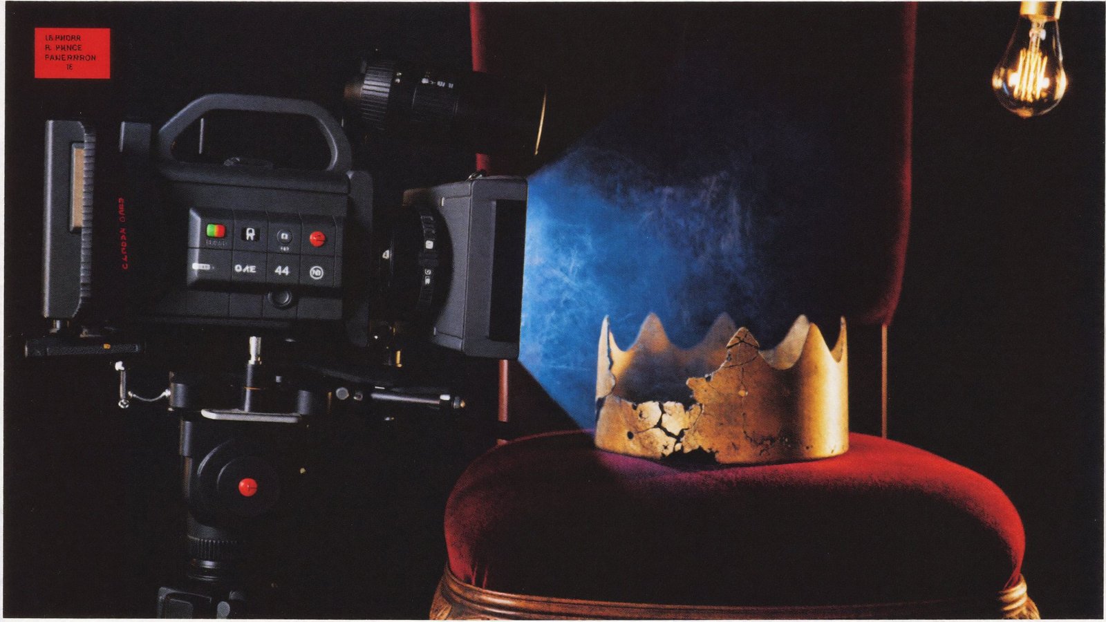 Still life of a broadcast camera on a tripod facing a cracked golden crown on a velvet theatre chair, lit by cold blue screen light against a dark backdrop — illustrating the collision of surveillance technology and theatrical power in SillySeason's Macbeth adaptation.
